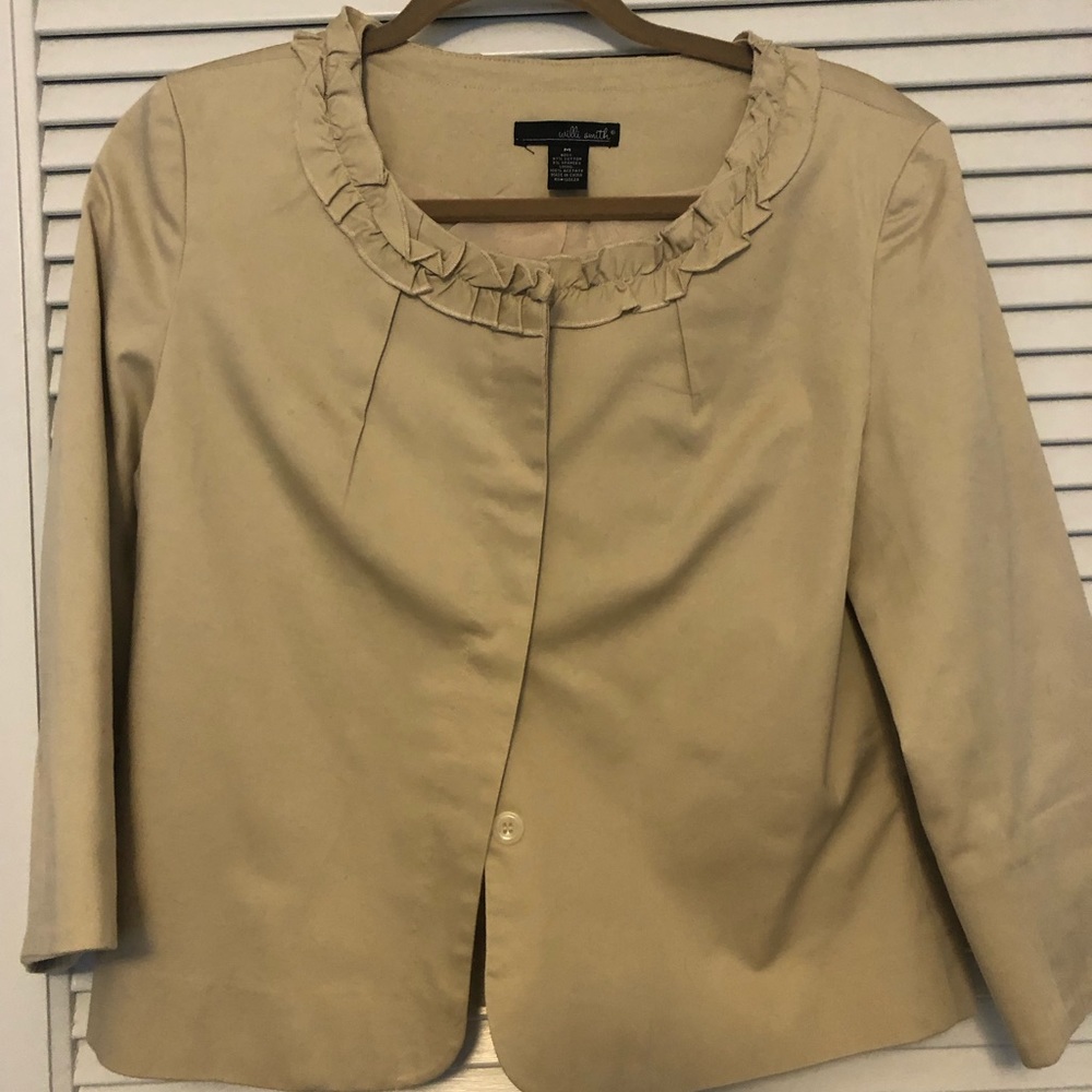 Professional look. Cream/ light beige covered button 3/4 sleeve jacket.